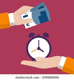 Flat Design Style Vector Illustration of a Businessman Hand Giving Cash and Buying an Alarm Clock