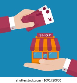 Flat Design Style Vector Illustration of a Businessman Hand Giving Cash and Buying a Shop Building