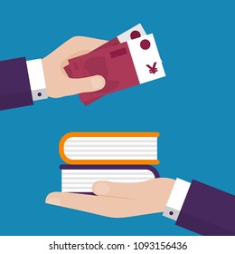 Flat Design Style Vector Illustration of a Businessman Hand Giving Cash and Buying Books. Paying for Education. Higher Education Pricing