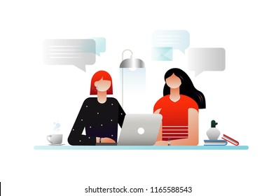 Flat design style vector illustration. Businesswoman working together in the office, using laptop, discuss social network, news,  dialogue speech bubbles, new projects, girl boss