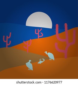 Flat Design Style. Vector illustration. Desert Landscape with Cactus and Mountains. Scenic sandstones. Background on blue, orange and brown colors.