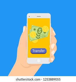 Flat design style vector illustration of modern smartphone with processing of mobile payments. Money transfer transaction. Online payment concept. Money transfer all over the world.