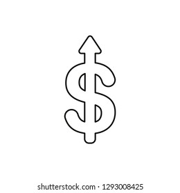 Flat design style vector illustration concept of dollar symbol icon with arrow pointing up on white background. Black outlines.