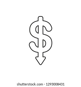 Flat design style vector illustration concept of dollar symbol icon with arrow pointing down on white background. Black outlines.