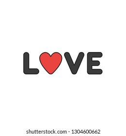 Flat design style vector illustration concept of black love text with heart symbol icon on white background.Colored, black outlines.