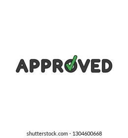 Flat design style vector illustration concept of approved text with check mark symbol icon on letter on white background. Colored, black outlines.