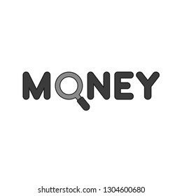 Flat design style vector illustration concept of money text with grey and magnifying glass or magnifier symbol icon on white background. Colored, black outlines.