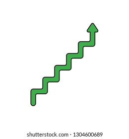 Flat design style vector illustration concept of line stairs symbol icon with arrow pointing up on white background. Colored, black outlines.