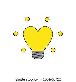Flat design style vector illustration concept of glowing yellow heart-shaped light bulb symbol icon on white background. Colored, black outlines.