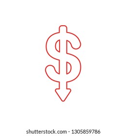 Flat design style vector illustration concept of dollar symbol icon with arrow pointing down on white background. White and colored outlines.
