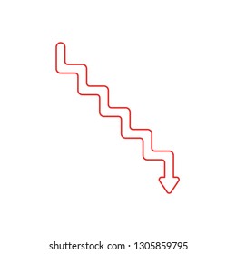 Flat design style vector illustration concept of line stairs symbol icon with arrow pointing down on white background. White and colored outlines.