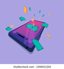 Flat design style vector illustration of modern smartphone with processing of mobile payments from credit card on the screen. Internet banking concept. wireless money transfer.