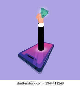 Flat design style vector illustration of modern smartphone with processing of mobile payments from credit card on the screen. Internet banking concept. wireless money transfer.