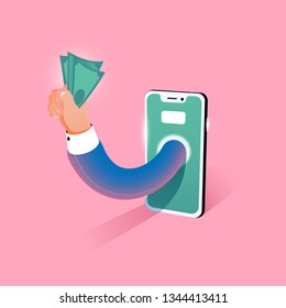 Flat design style vector illustration of modern smartphone with processing of mobile payments from credit card on the screen. Internet banking concept. wireless money transfer.