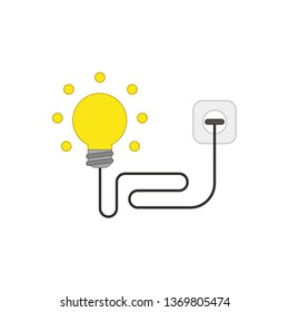 Flat design style vector illustration concept of light bulb with wire plugged into outlet on white background. Colored outlines.