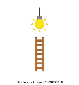 Flat design style vector illustration concept of climb to glowing light bulb with wooden ladder symbol icon on white background. Colored outlines.