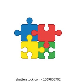 Flat design style vector illustration concept of jigsaw puzzle pieces symbol icons connected on white background. Colored outlines.