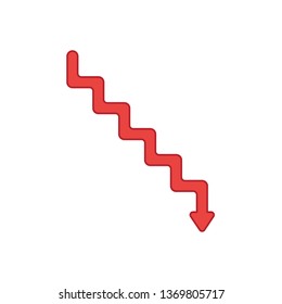 Flat design style vector illustration concept of line stairs symbol icon with arrow pointing down on white background. Colored outlines.