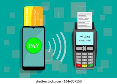  Diseño plano. Ilustración vectorial de smartphone con procesamiento de pagos móviles desde tarjeta de crédito en la pantalla. Teléfono inteligente y terminal POS. Pago NFC. EPS10