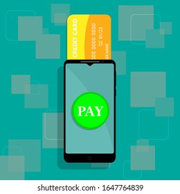 Flat design style. Vector illustration of smartphone with processing of mobile payments from credit card on the screen. Smartphone and payment button. EPS10