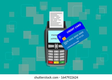 Flat design style. Vector illustration of POS terminal with processing of mobile payments from credit card on the screen. NFC payment. EPS10