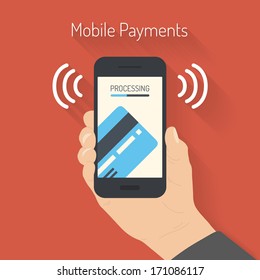 Flat design style vector illustration of modern smartphone with processing of mobile payments from credit card on the screen. Near field communication technology concept. Isolated on red background 