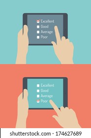 Flat design style vector illustration concept of hand holding modern digital tablet with customer service survey form on screen with excellent and poor choice. Isolated on stylish color background 