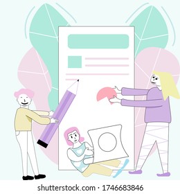 ilustración vectorial de estilo de diseño plano. Un grupo de personas trabajando en un equipo. Tres personas trabajando juntas. Concepto de trabajo en equipo de grupo.
