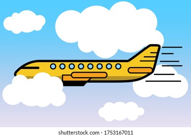 Ilustración vectorial de diseño plano del avión que sobrevuela nubes en el cielo azul. Aislado en un fondo de degradado elegante