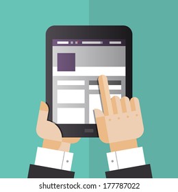 Flat design style vector illustration concept of businessman hands holding modern digital tablet and pointing on social media website on a screen. Isolated on stylish color background