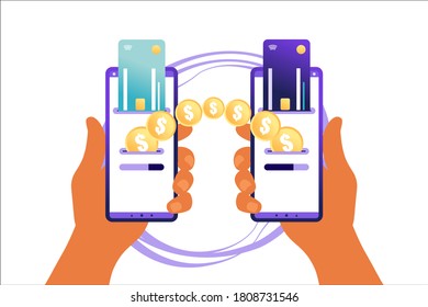 Flat design style vector illustration of modern smartphone with processing of mobile payments from credit card on the screen. Near field communication technology concept. Isolated on red background