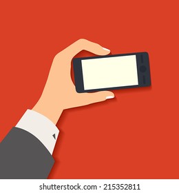 Flat design style vector illustration. Business hand holding smart phone. Isolated on red background