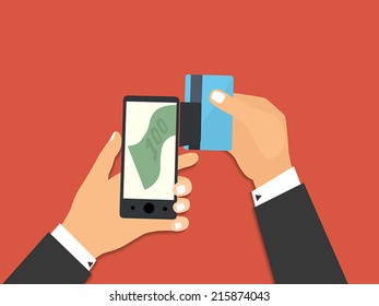Flat design style vector illustration. Smartphone with processing of mobile payments from credit card. Communication technology concept. Isolated on red background 