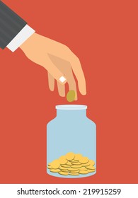 Flat design style vector illustration. Businessman's hand throwing a glass jar gold coin. Financial concept. Isolated on red background