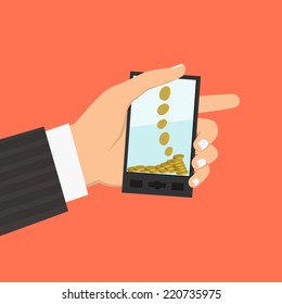 Flat design style vector illustration. Smartphone with processing of mobile payments from credit card. Communication technology concept. Isolated on red background