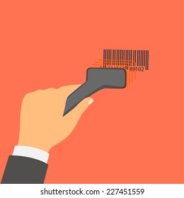 Flat design style vector illustration. Hand holds a barcode scanner.  Financial concept. Isolated on red background