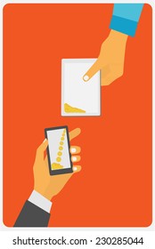 Flat design style vector illustration. Smartphone with processing of mobile payments. Communication technology concept. Isolated on red background