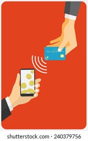 Flat design style vector illustration. Smartphone with processing of mobile payments from credit card. Communication technology concept. Isolated on red background