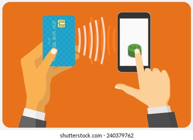 Flat design style vector illustration. Smartphone with processing of mobile payments from credit card. Communication technology concept. Isolated on red background