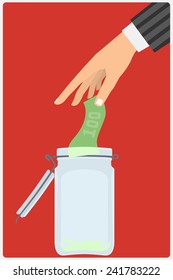 Flat design style vector illustration. Businessman's hand throwing a glass jar hundred-dollar bill. Financial concept. Isolated on red background