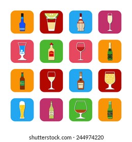 Flat design style vector illustration symbol collection icons.  Set of popular various alcoholic beverages with glasses.