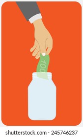 Flat design style vector illustration. Businessman's hand throwing a glass jar hundred-dollar bill. Financial concept. Isolated on red background