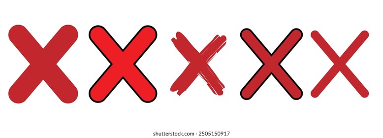 Flat design style vector illustration of red x mark icon set on white background.