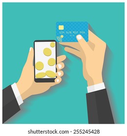 Flat design style vector illustration. Smartphone with processing of mobile payments from credit card. Communication technology concept. Isolated on green background