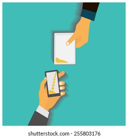 Flat design style vector illustration. Smartphone with processing of mobile payments. Communication technology concept. Isolated on green background