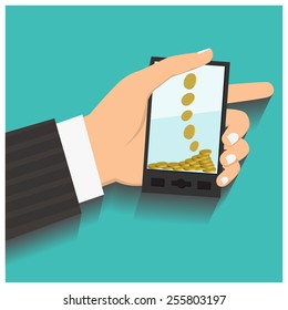 Flat design style vector illustration. Smartphone with processing of mobile payments. Communication technology concept. Isolated on green background