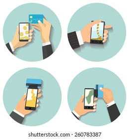 Flat design style vector illustration. Smartphone with processing of mobile payments. Communication technology concept. Isolated on green background