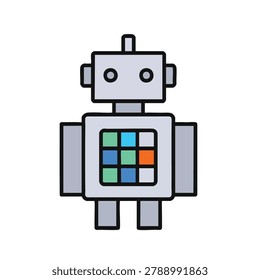 A flat design style vector illustration of a cute robot with a colorful grid display on its chest against a white background