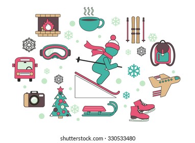 Flat design style vector illustration icons on white background set of planning a winter vacation on holiday journey, tourism and travel objects.