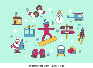 Flat design style vector illustration icons set of traveling, planning a winter vacation, tourism and journey objects like helicopter snowboarding, chalet and snowman.